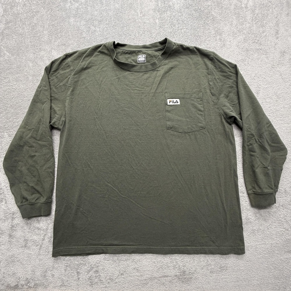 FILA Shirt Mens XL Green Long Sleeve Pocket‎ Logo Tee Tagless Cotton Crewneck